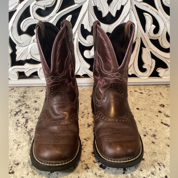 Justin Gypsy Cowgirl Brown Leather Pink Trim Detail Western Boots Size 8.5 - Picture 2 of 12